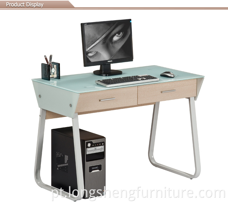 Mobiliário de escritório barato mesa de vidro para computador com prateleira de armazenamento